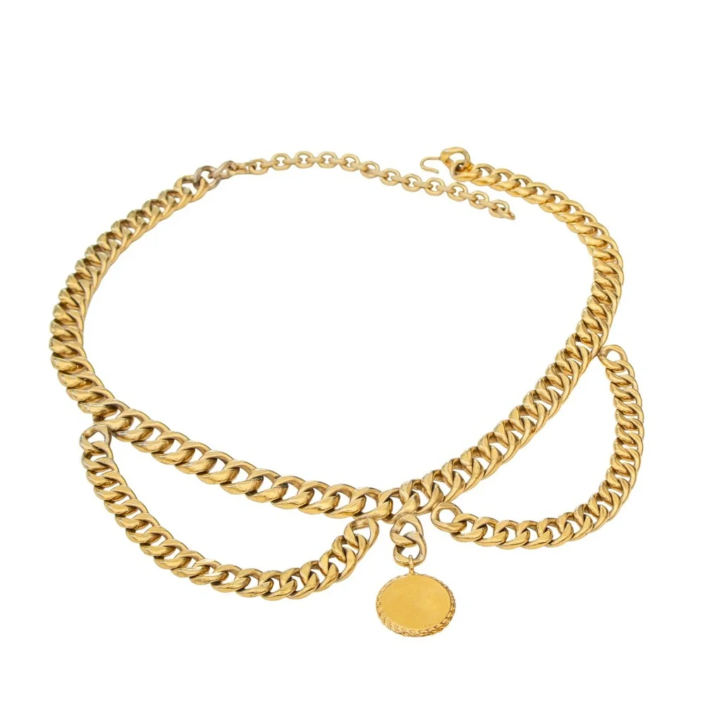 RARE Vintage Chanel Gold Tone Chain Belt CC Clover Medallion Adjustable 37